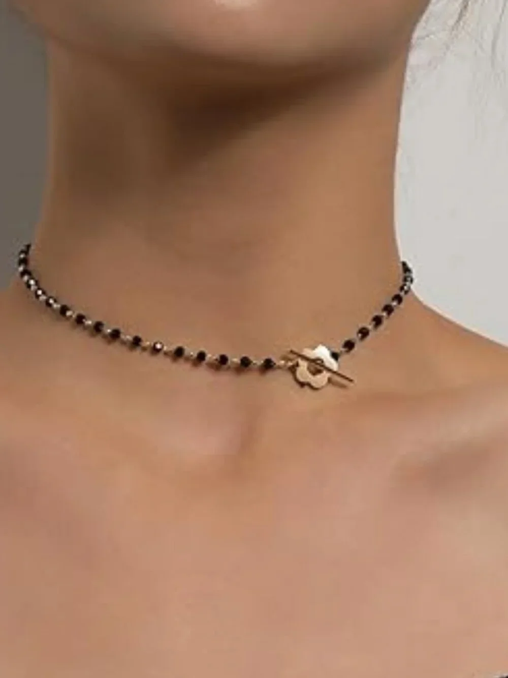 14K Gold Flower Choker Necklace Black Beaded Goth Boho Statement